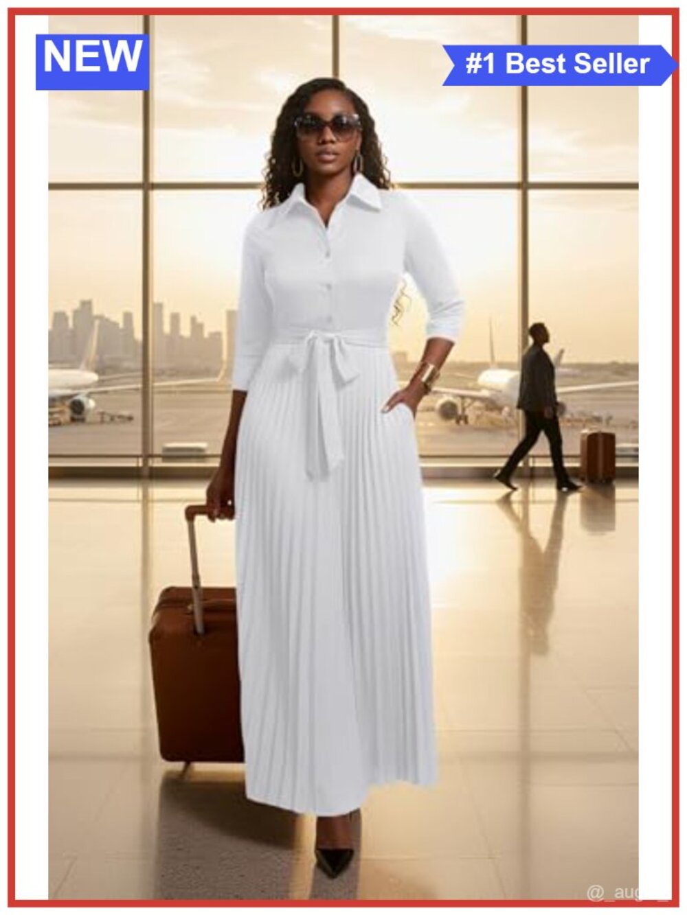 Women's Maxi Dress 3/4 Sleeve Button Down Pleated Church Work Dress - Picture 6 of 6